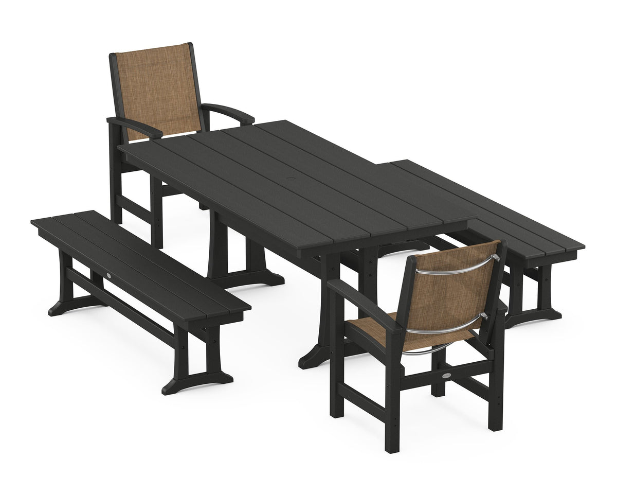 POLYWOOD Coastal 5-Piece Farmhouse Dining Set with Trestle Legs and Benches in Black / Burlap