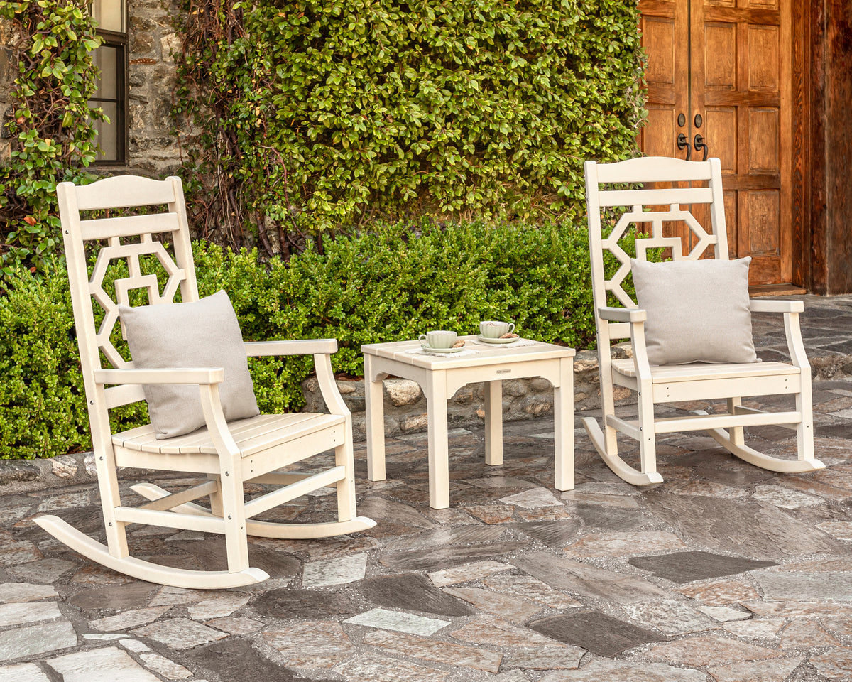 POLYWOOD Chinoiserie 3-Piece Rocking Chair Set in an outdoor setting