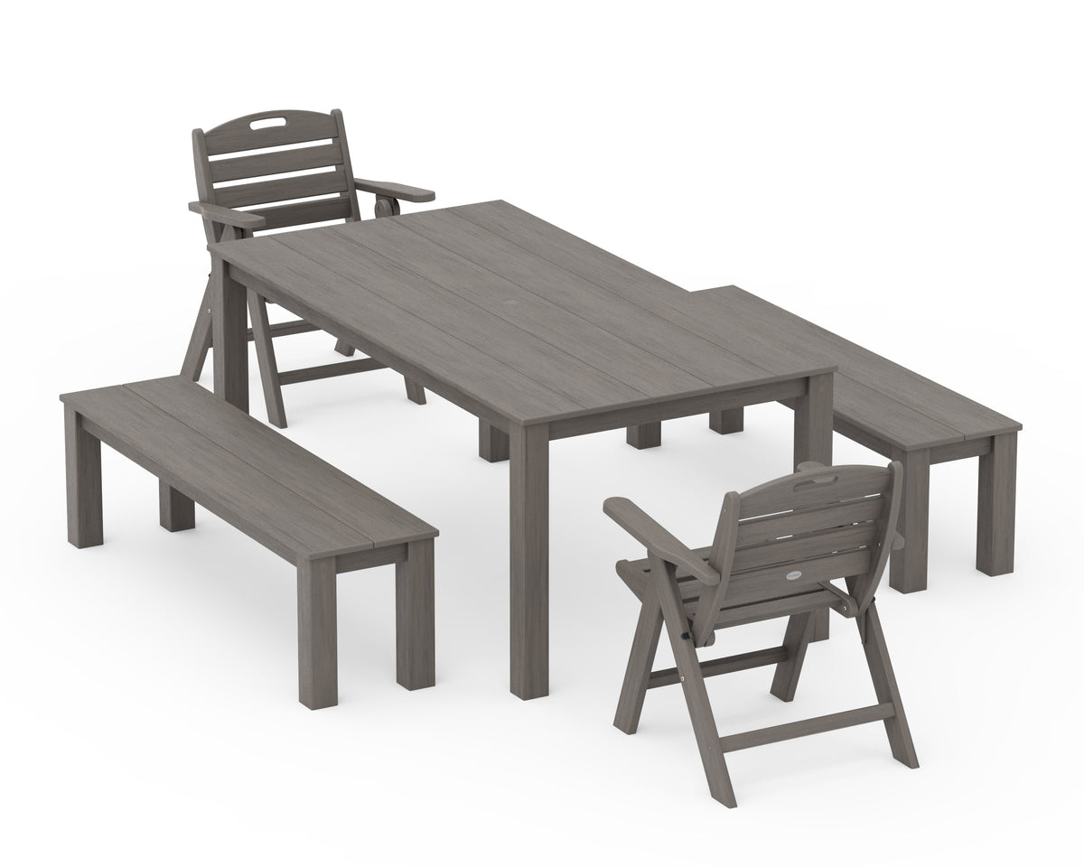 POLYWOOD Nautical Folding Lowback Chair 5-Piece Parsons Dining Set with Benches in Driftwood