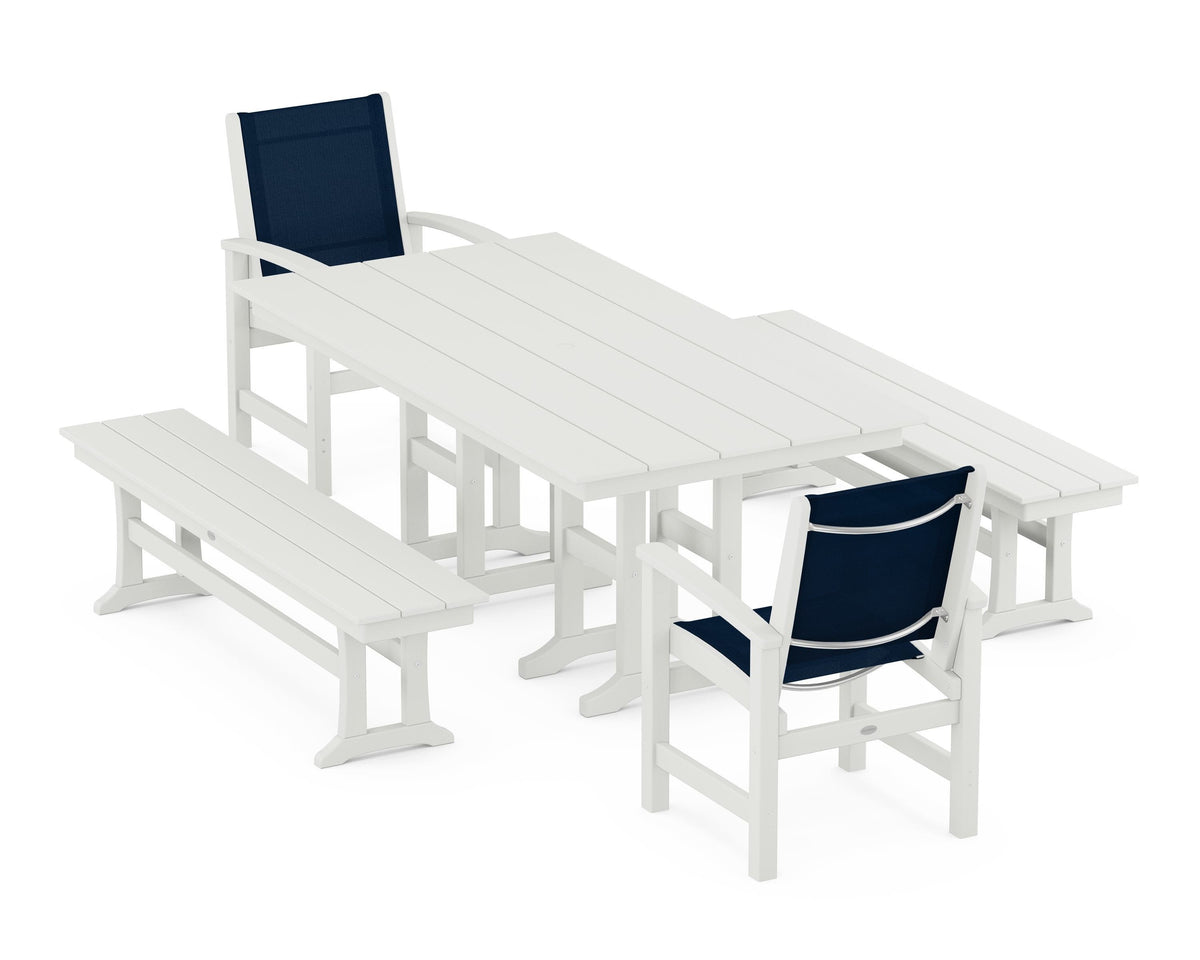 POLYWOOD Coastal 5-Piece Farmhouse Dining Set with Farmhouse 37" x 72" Dining Table in Vintage White / Navy Blue
