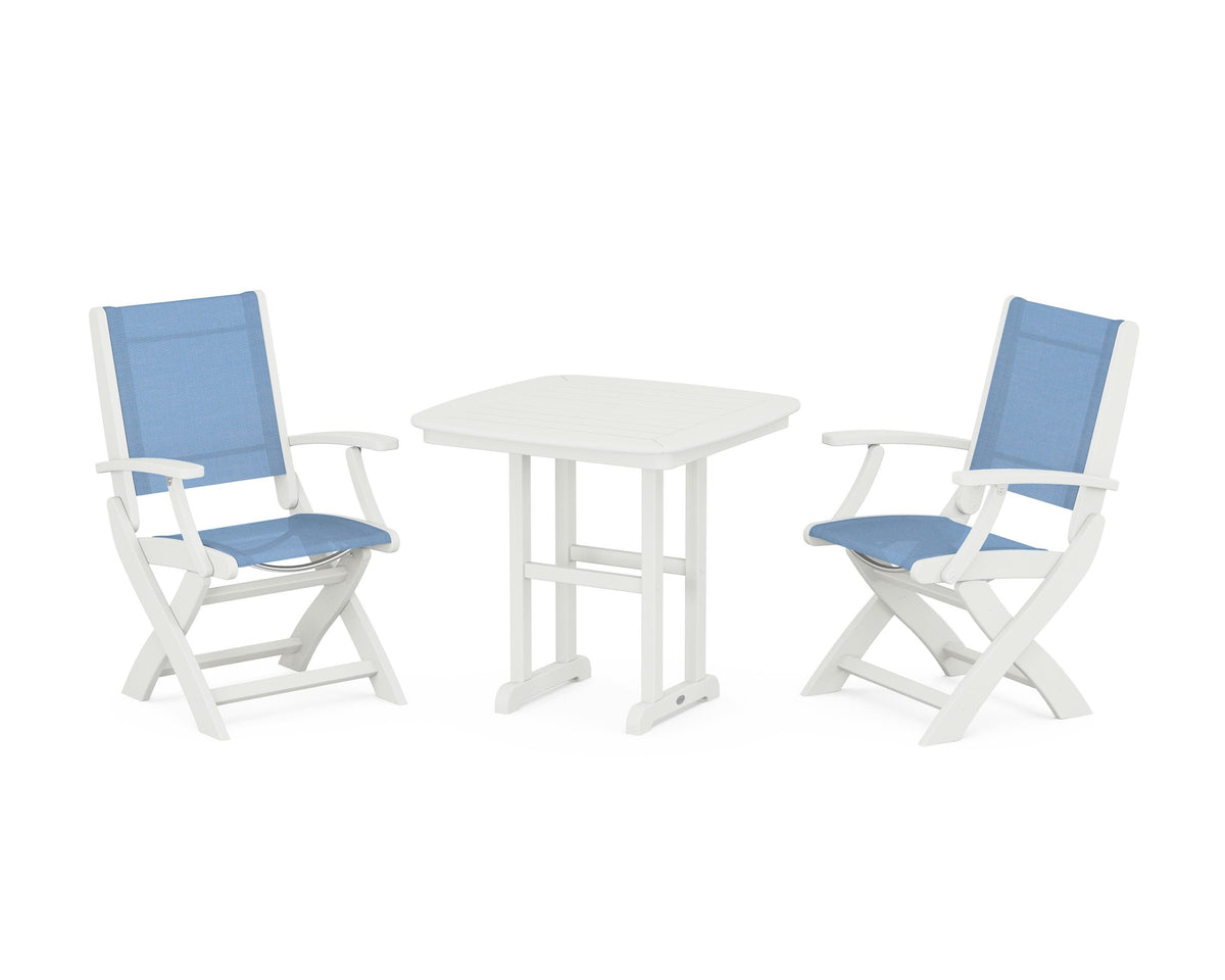 POLYWOOD Coastal Folding Chair 3-Piece Dining Set in Vintage White / Poolside
