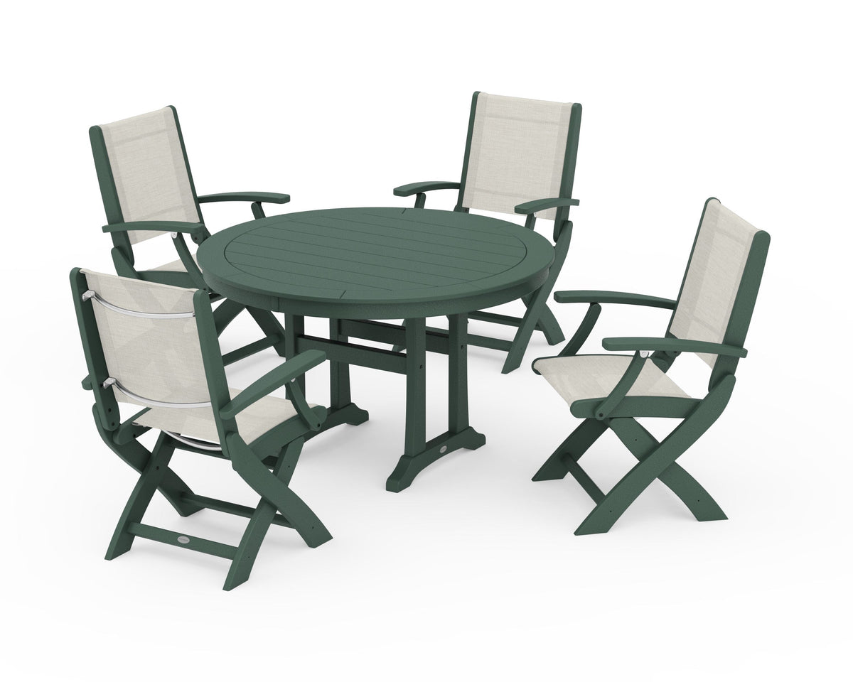 POLYWOOD Coastal Folding Chair 5-Piece Round Dining Set with Trestle Legs in Green / Parchment