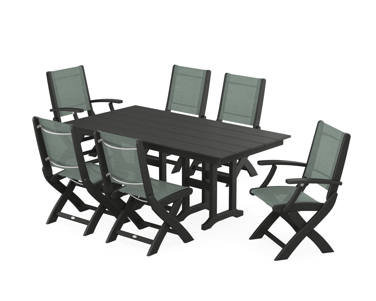 POLYWOOD Coastal Folding Chair 7-Piece Farmhouse Dining Set in Black / Dupioni Sea Mist