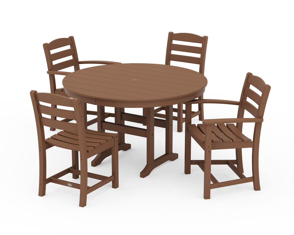 POLYWOOD La Casa Café 5-Piece Round Farmhouse Dining Set with Arm and Side Chairs in Teak
