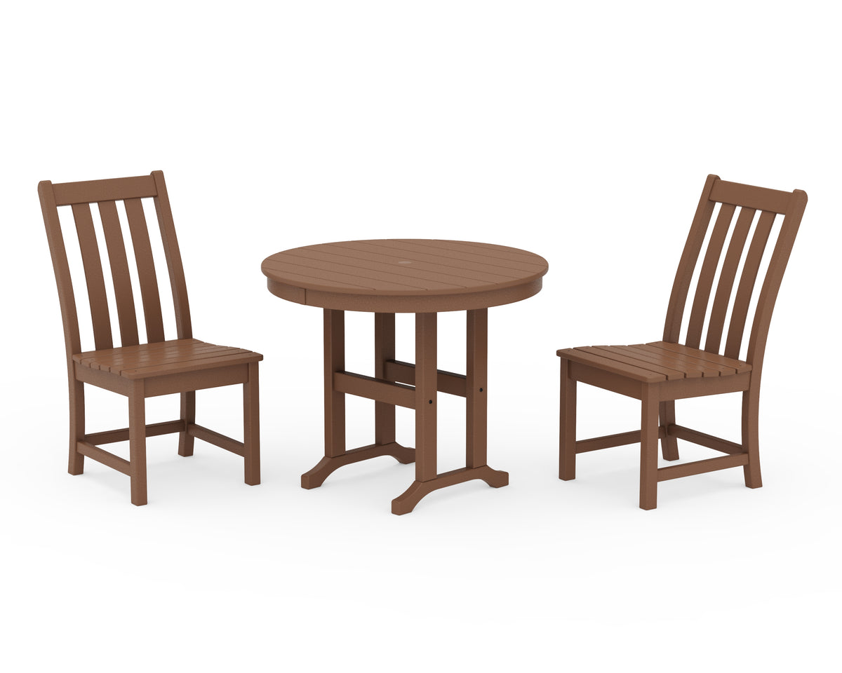 POLYWOOD Vineyard Side Chair 3-Piece Round Dining Set in Teak