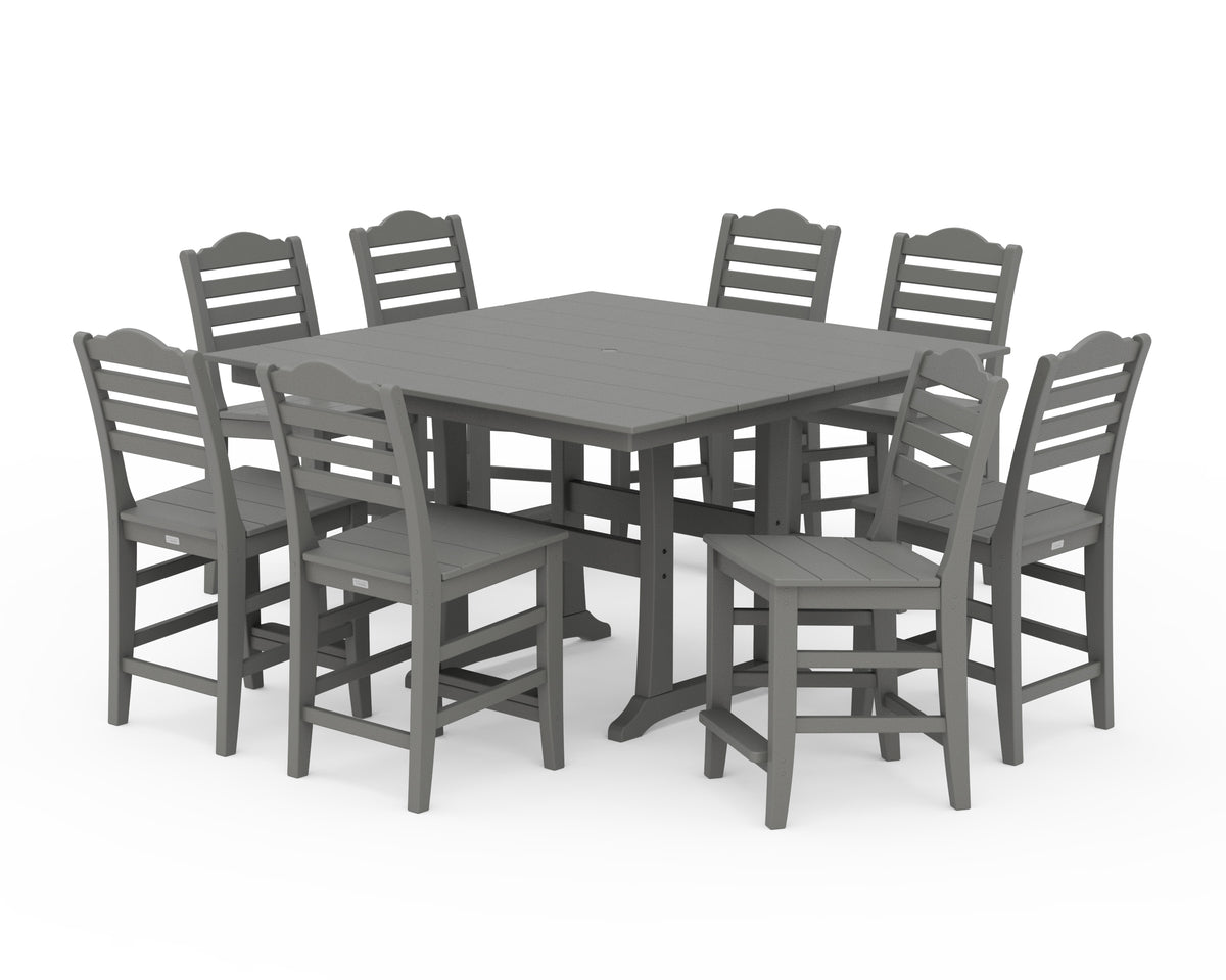 POLYWOOD Savannah Side Chair 9-Piece Square Farmhouse Counter Set with Trestle Legs in Slate Grey