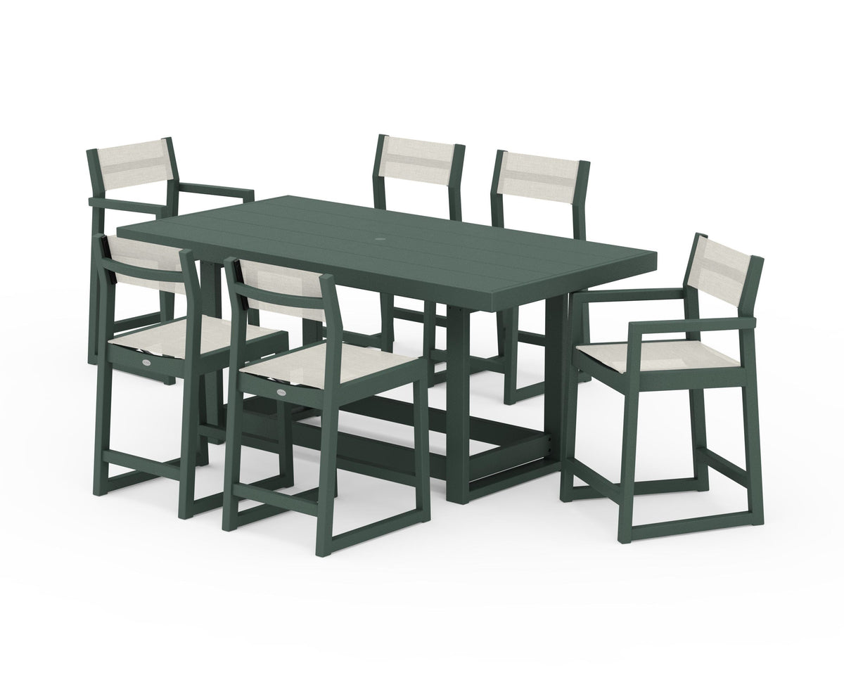 POLYWOOD EDGE Sling 7-Piece Counter Table Set in Green / Parchment