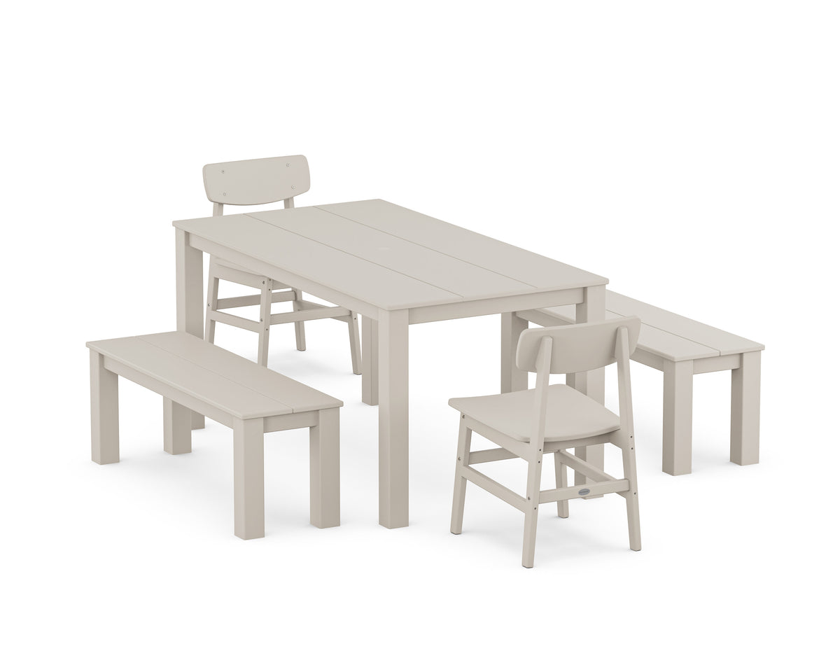 POLYWOOD Modern Studio Urban Chair 5-Piece Parsons Dining Set with Benches - 34" x 64" Table in Sand