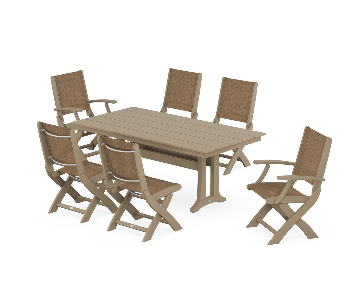 POLYWOOD Coastal Folding Chair 7-Piece Farmhouse Dining Set with Trestle Legs in Vintage Sahara / Burlap
