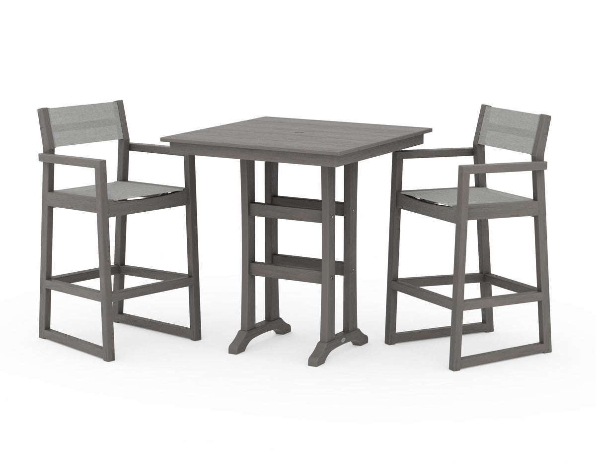 POLYWOOD EDGE Sling Arm Chair 3-Piece Farmhouse Bar Set with Trestle Legs in Driftwood / Metallic