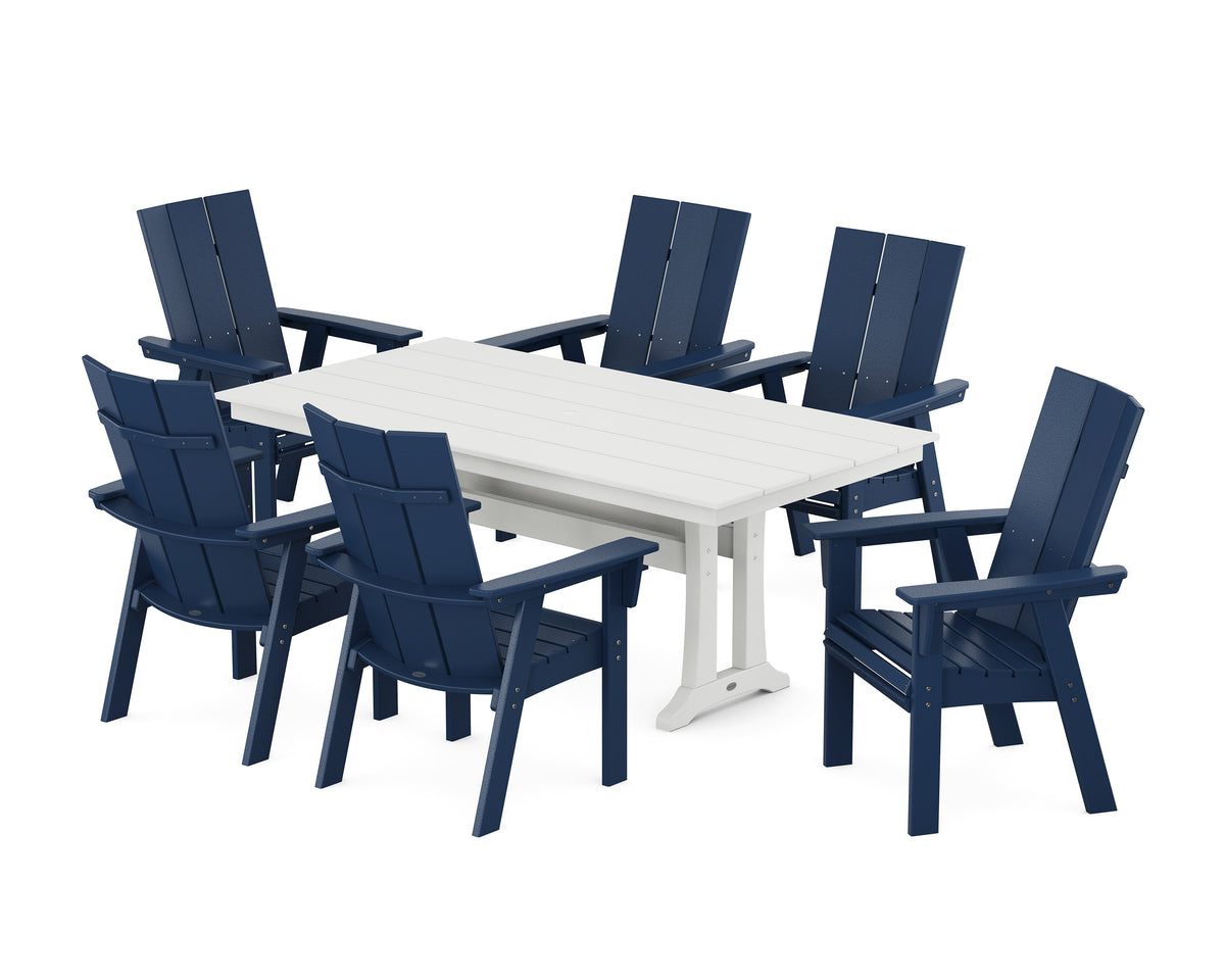 POLYWOOD Modern Curveback Adirondack 7-Piece Farmhouse Dining Set with Trestle Legs in Navy / White