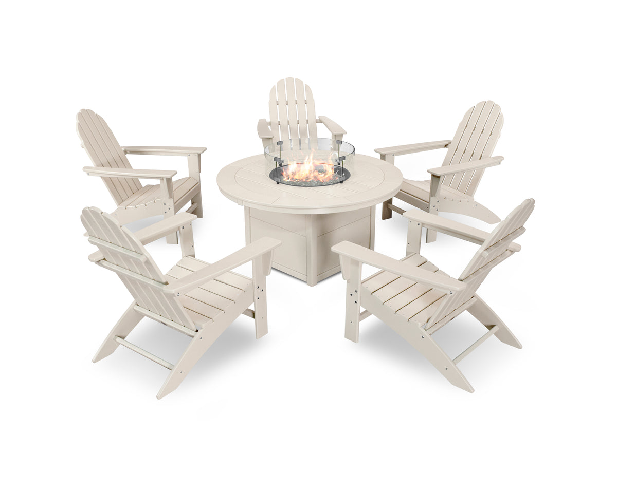 POLYWOOD Vineyard Adirondack 6-Piece Chat Set with Fire Pit Table in Sand