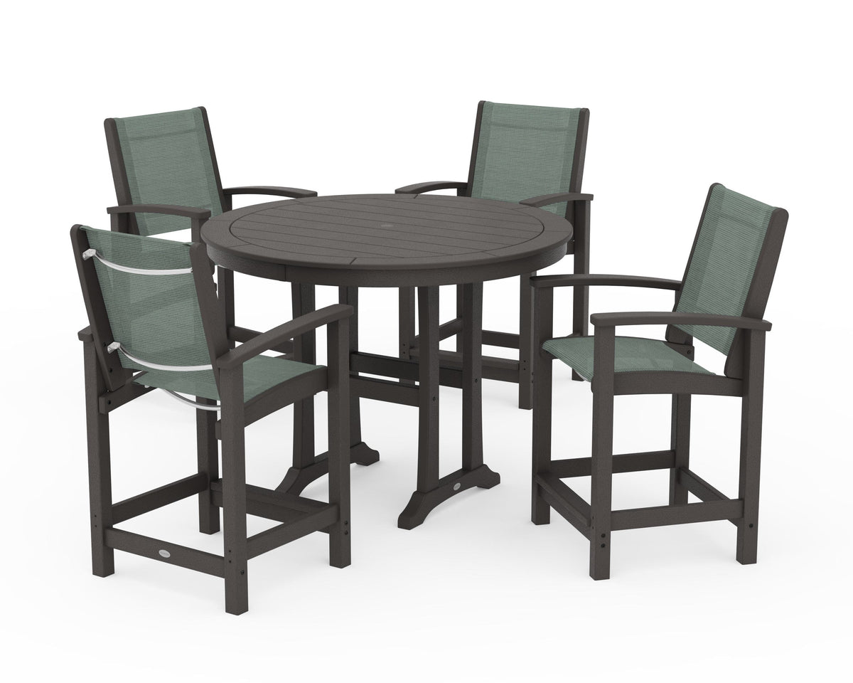 POLYWOOD Coastal 5-Piece Counter Set in Vintage Coffee / Dupioni Sea Mist