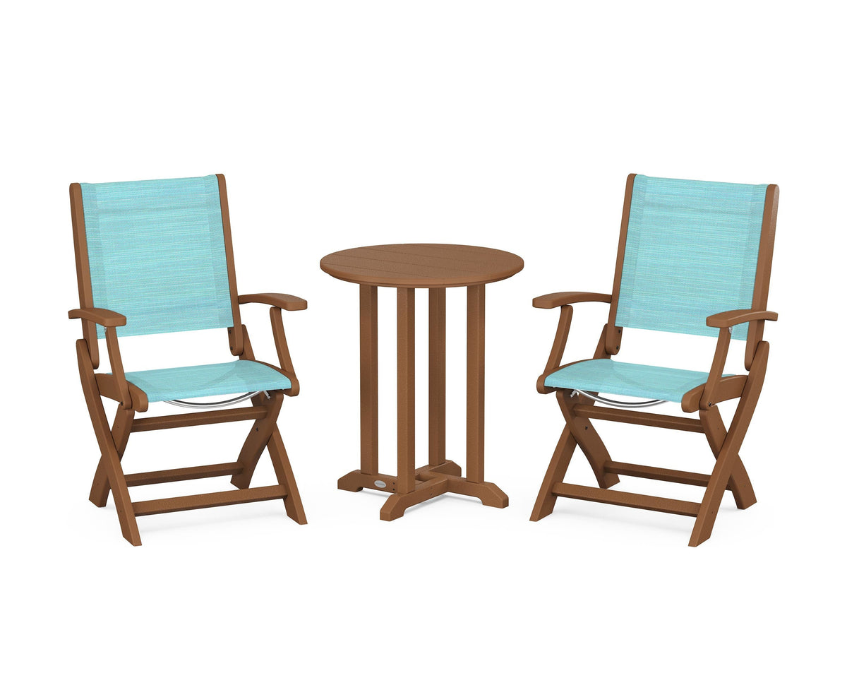 POLYWOOD Coastal Folding 3-Piece Round Bistro Dining Set in Teak / Dupioni Aquamarine
