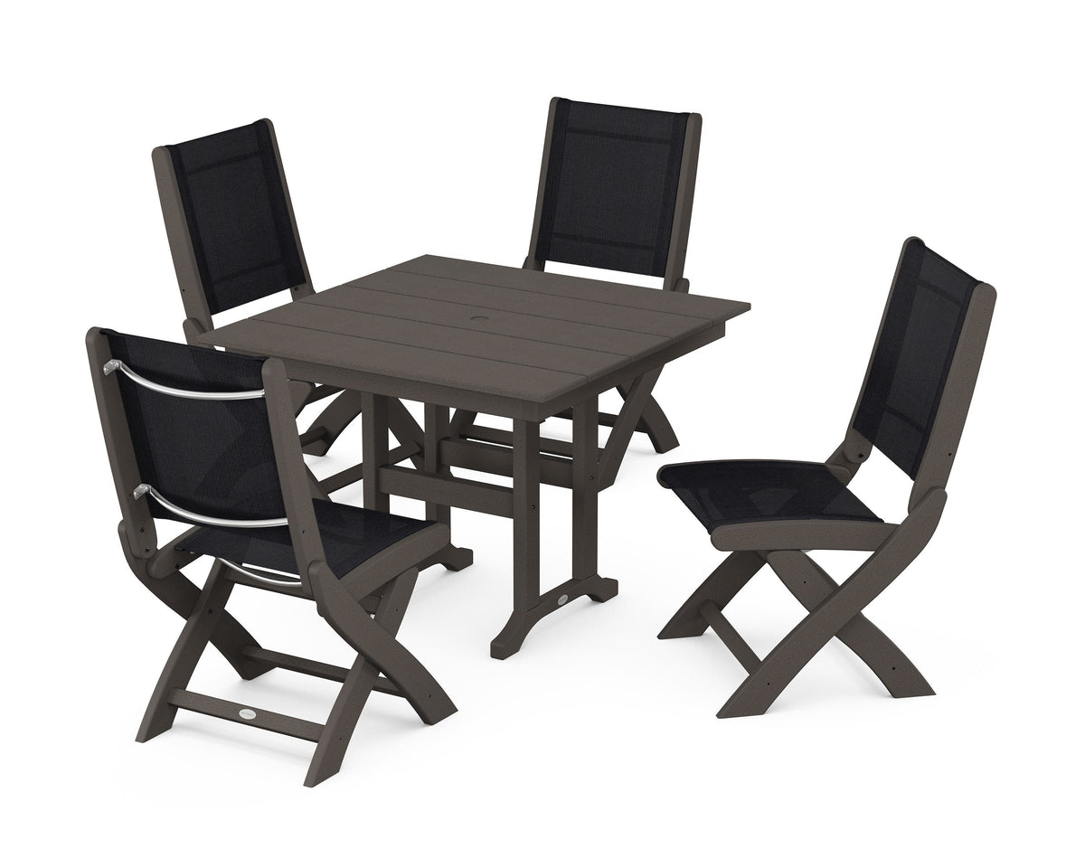 POLYWOOD Coastal Folding Side Chair 5-Piece Farmhouse Dining Set in Vintage Coffee / Black