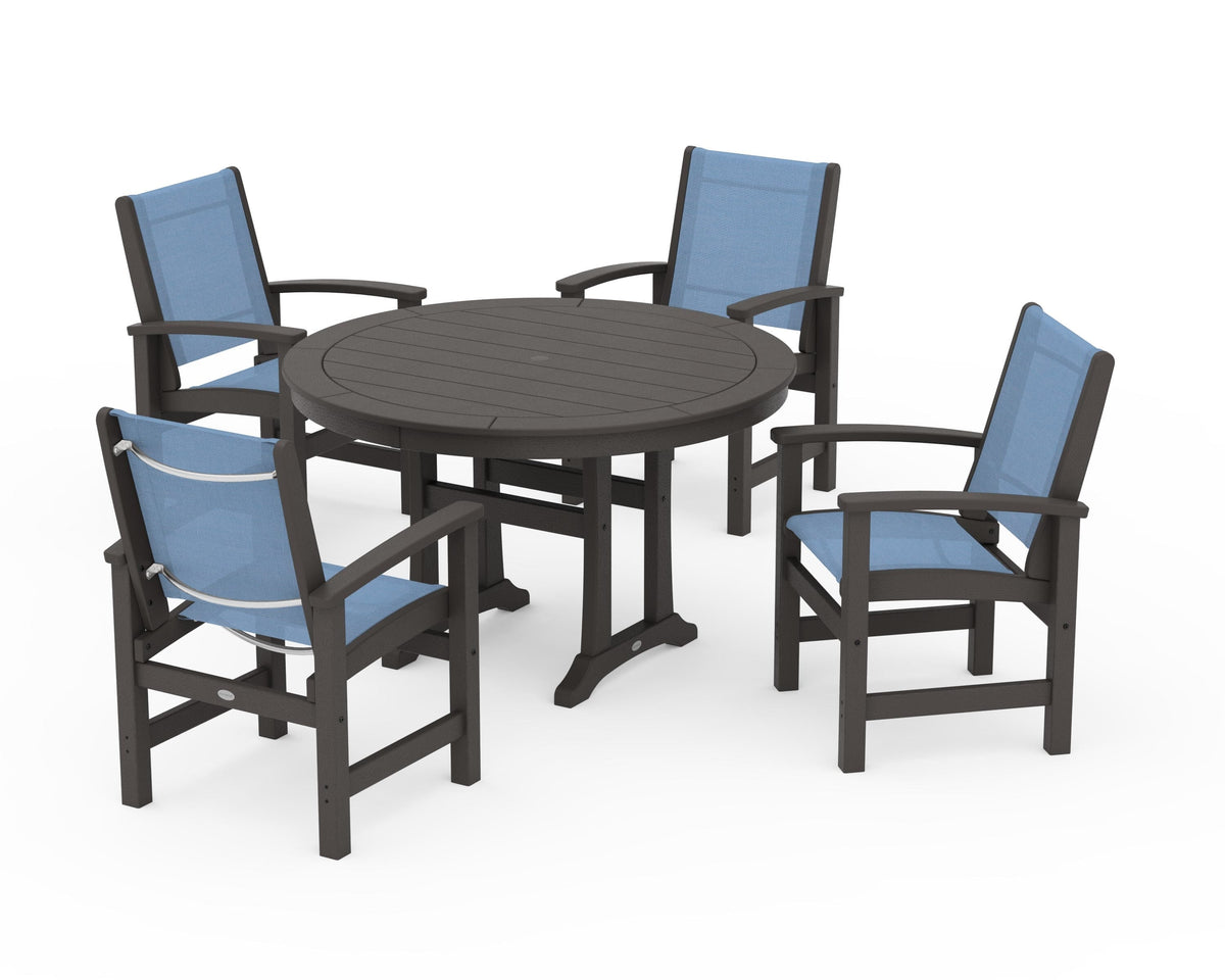POLYWOOD Coastal 5-Piece Round Dining Set with Trestle Legs in Vintage Coffee / Poolside