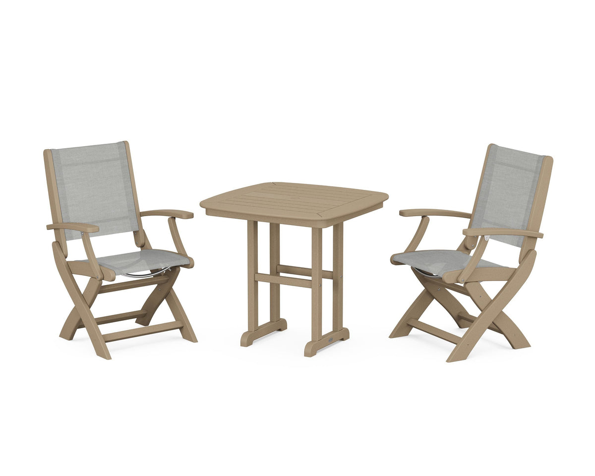POLYWOOD Coastal Folding Chair 3-Piece Dining Set in Vintage Sahara / Metallic