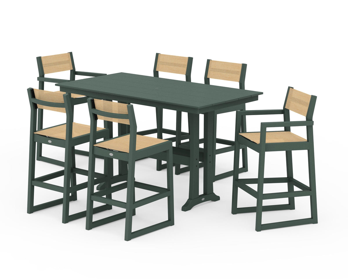 POLYWOOD EDGE Sling 7-Piece Farmhouse Bar Set with Trestle Legs in Green / Dupioni Apricot