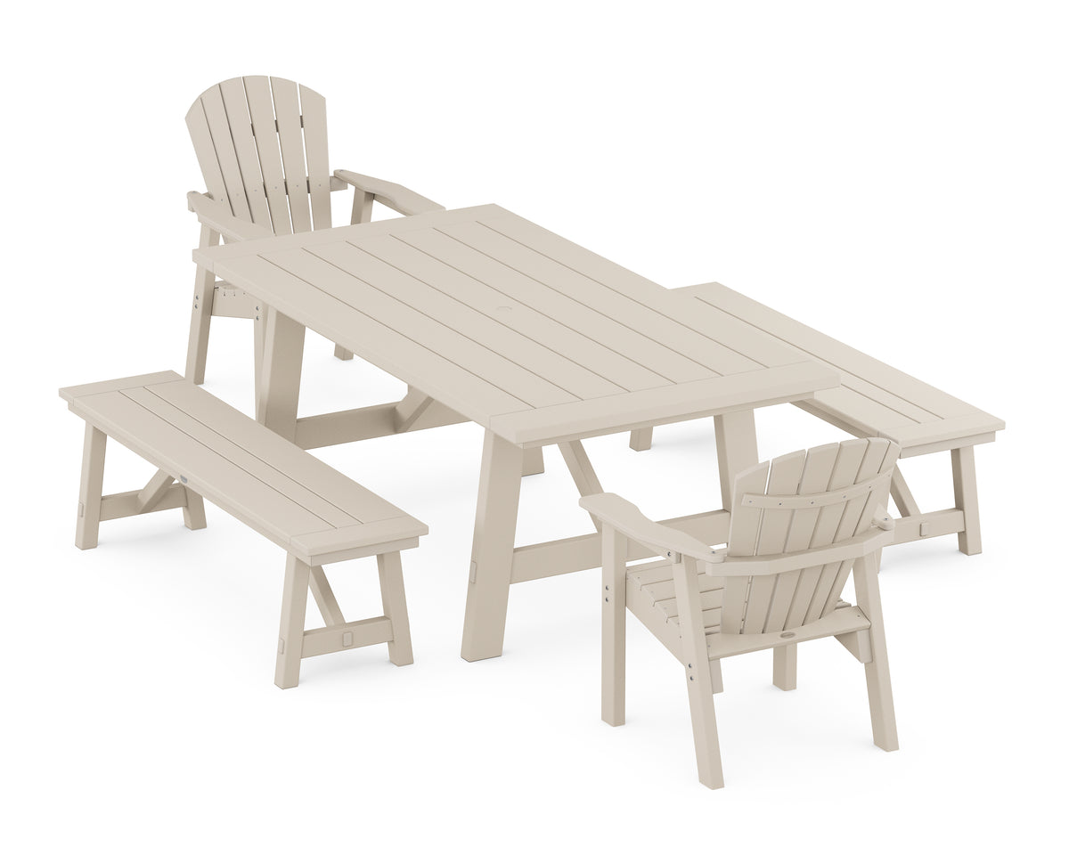 POLYWOOD Seashell 5-Piece Rustic Farmhouse Dining Set with Benches in Sand