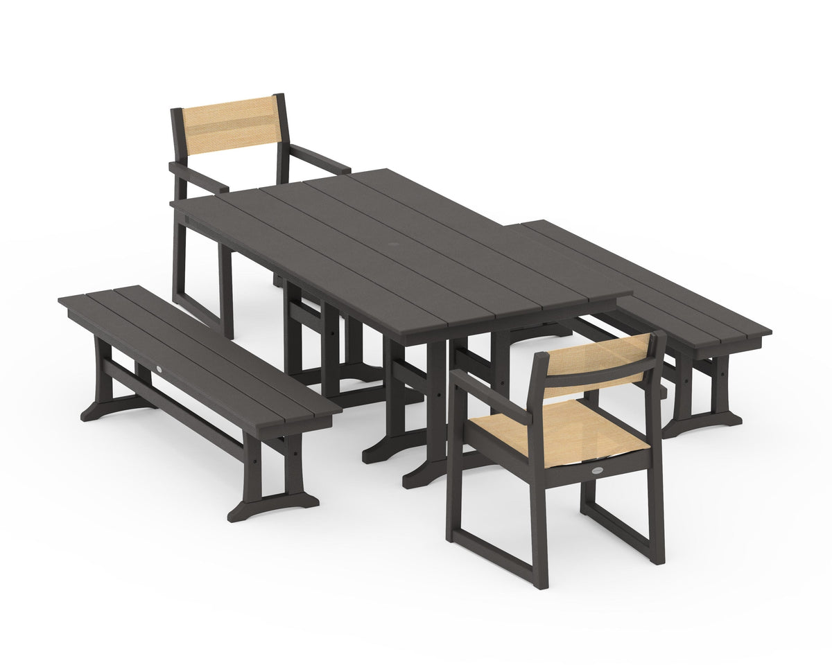 POLYWOOD EDGE Sling Arm Chair 5-Piece Farmhouse Dining Set with Benches in Vintage Coffee / Dupioni Apricot