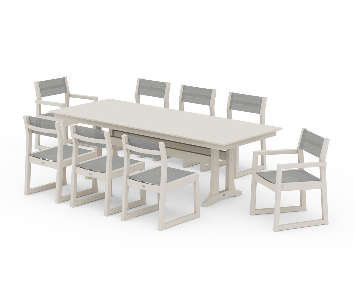 POLYWOOD EDGE Sling 9-Piece Farmhouse Trestle Dining Set in Sand / Metallic