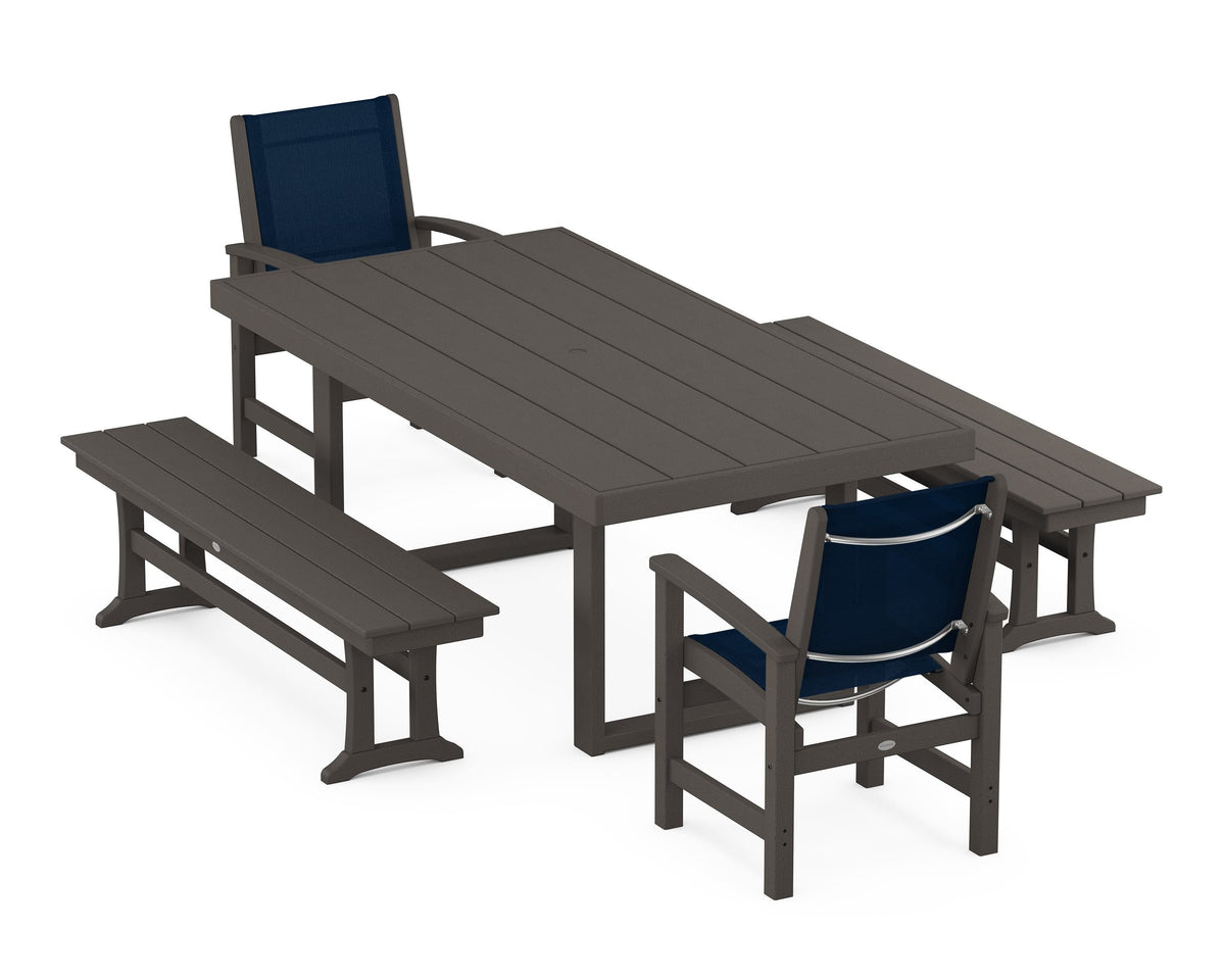 POLYWOOD Coastal 5-Piece Dining Set with Trestle Legs with EDGE 40" x 78" Dining Table in Vintage Coffee / Navy Blue