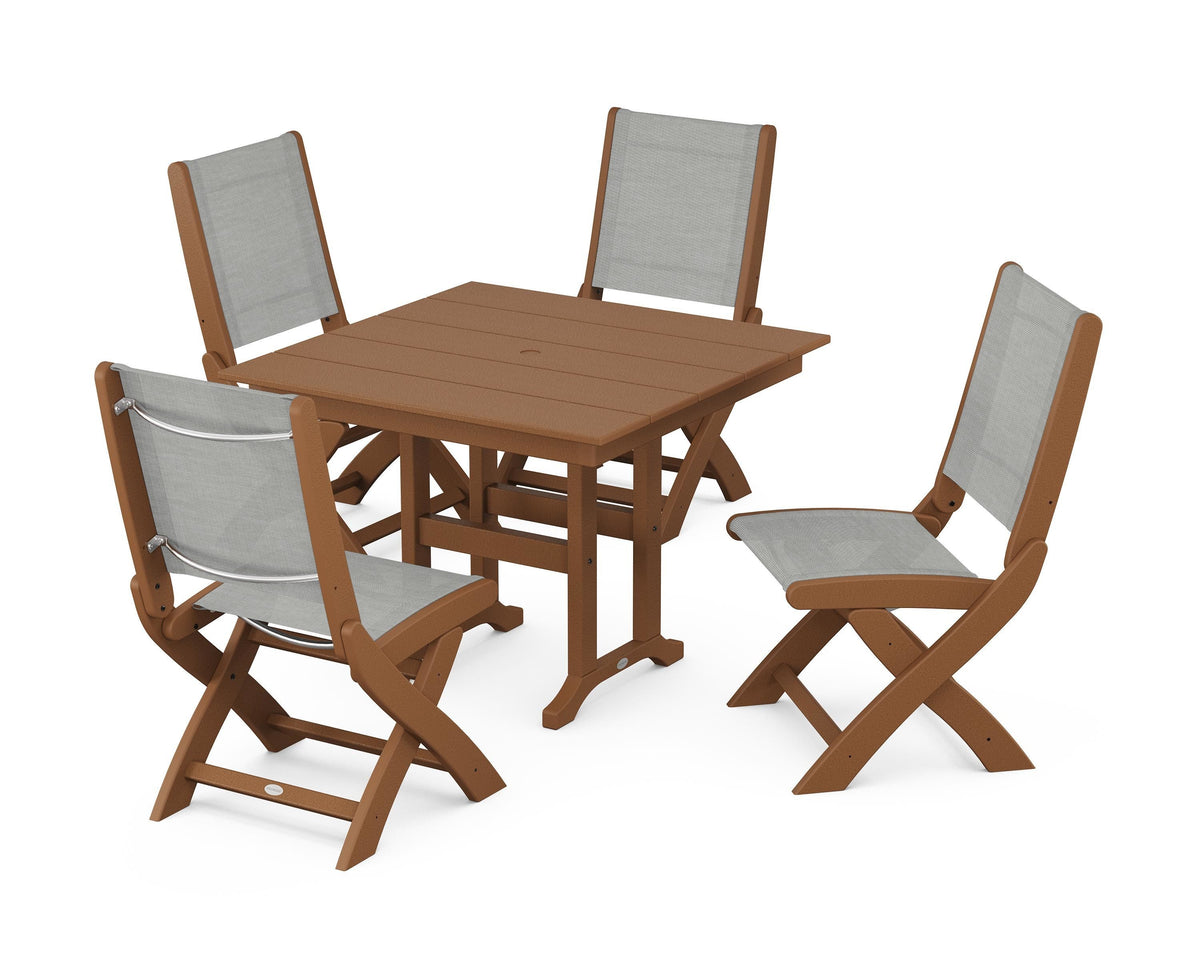POLYWOOD Coastal Folding Side Chair 5-Piece Farmhouse Dining Set in Teak / Metallic