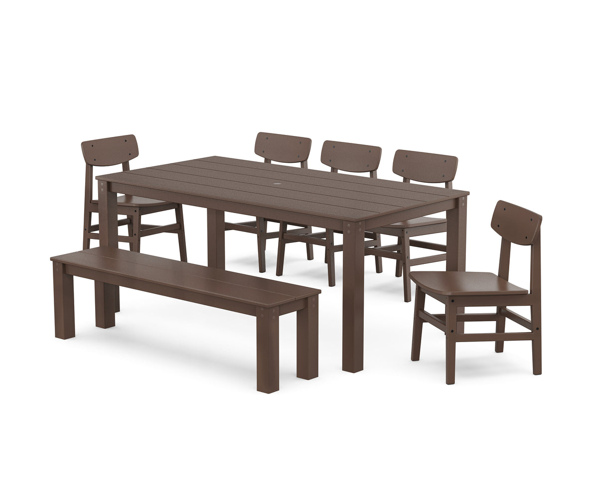 POLYWOOD Modern Studio Urban Chair 7-Piece Parsons Dining Set with Bench in Mahogany