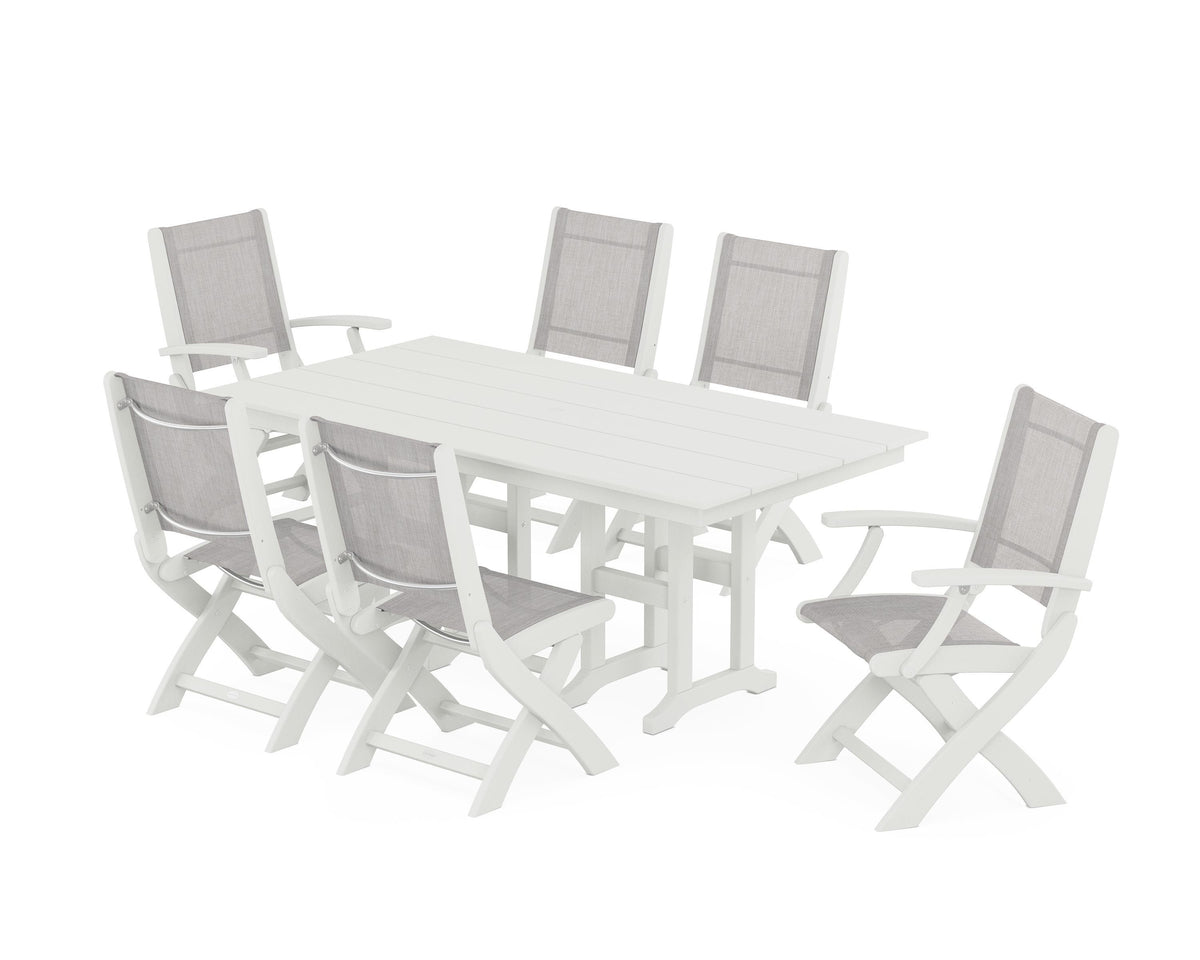 POLYWOOD Coastal Folding Chair 7-Piece Farmhouse Dining Set in Vintage White / Parchment