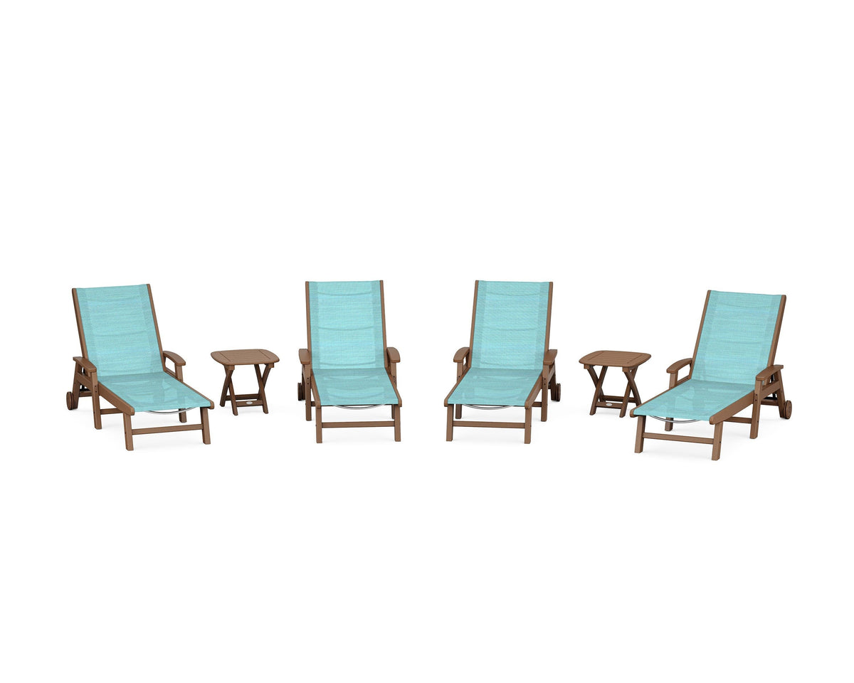 POLYWOOD Coastal Chaise 6-Piece Set with Wheels in Teak / Dupioni Aquamarine