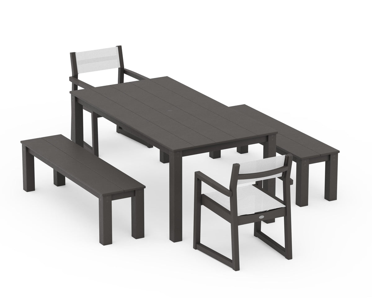 POLYWOOD EDGE Sling Arm Chair 5-Piece Parsons Dining Set with Benches in Vintage Coffee / White
