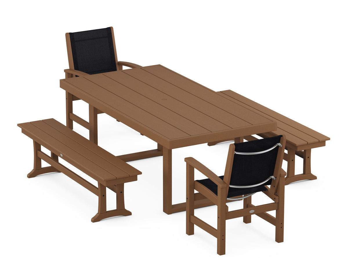 POLYWOOD Coastal 5-Piece Dining Set with Trestle Legs with EDGE 40" x 78" Dining Table in Teak / Black
