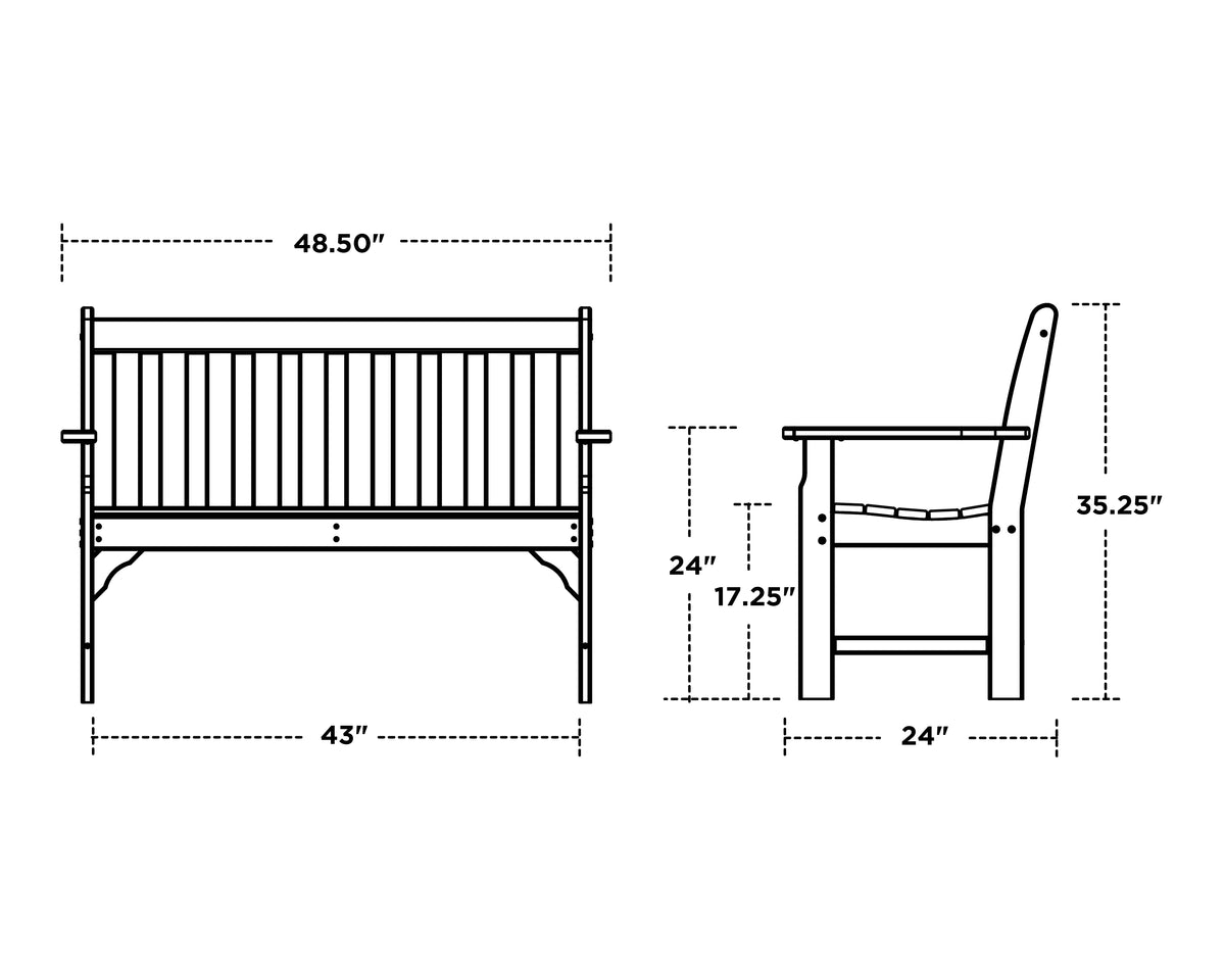 POLYWOOD Vineyard 48" Bench dimension drawing with width, depth and height measurements