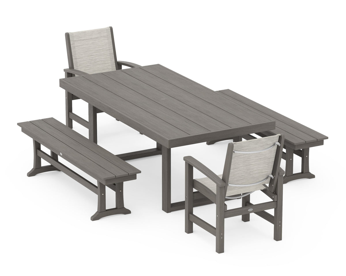 POLYWOOD Coastal 5-Piece Dining Set with Trestle Legs with EDGE 40" x 78" Dining Table in Driftwood / Birch