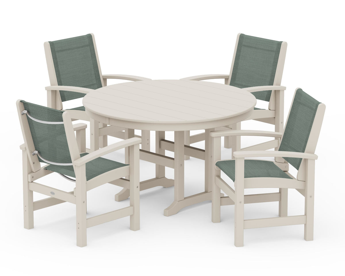 POLYWOOD Coastal 5-Piece Round Farmhouse Dining Set in Sand / Dupioni Sea Mist