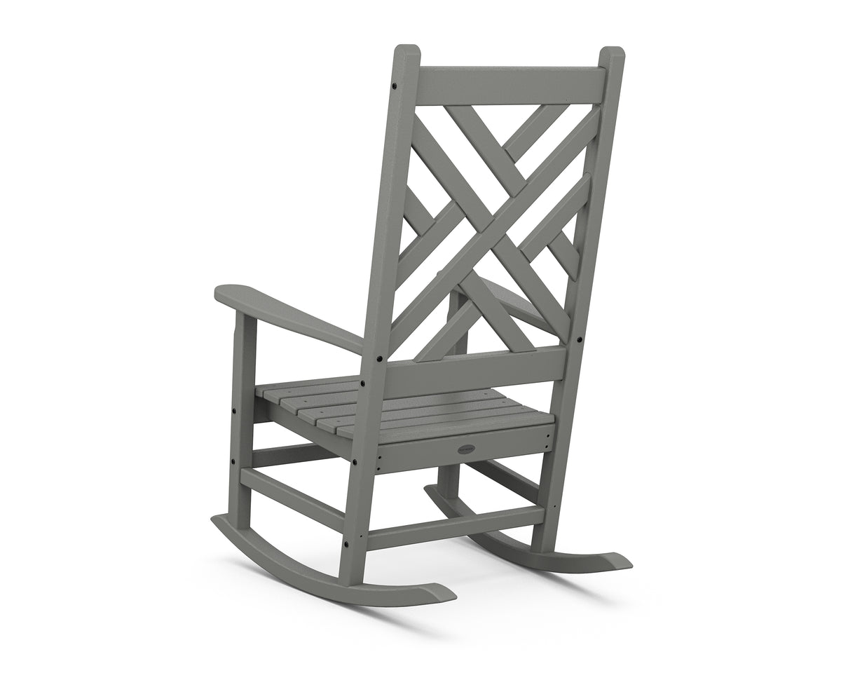 Angled view of the POLYWOOD Chippendale Porch Rocking Chair in Slate Grey