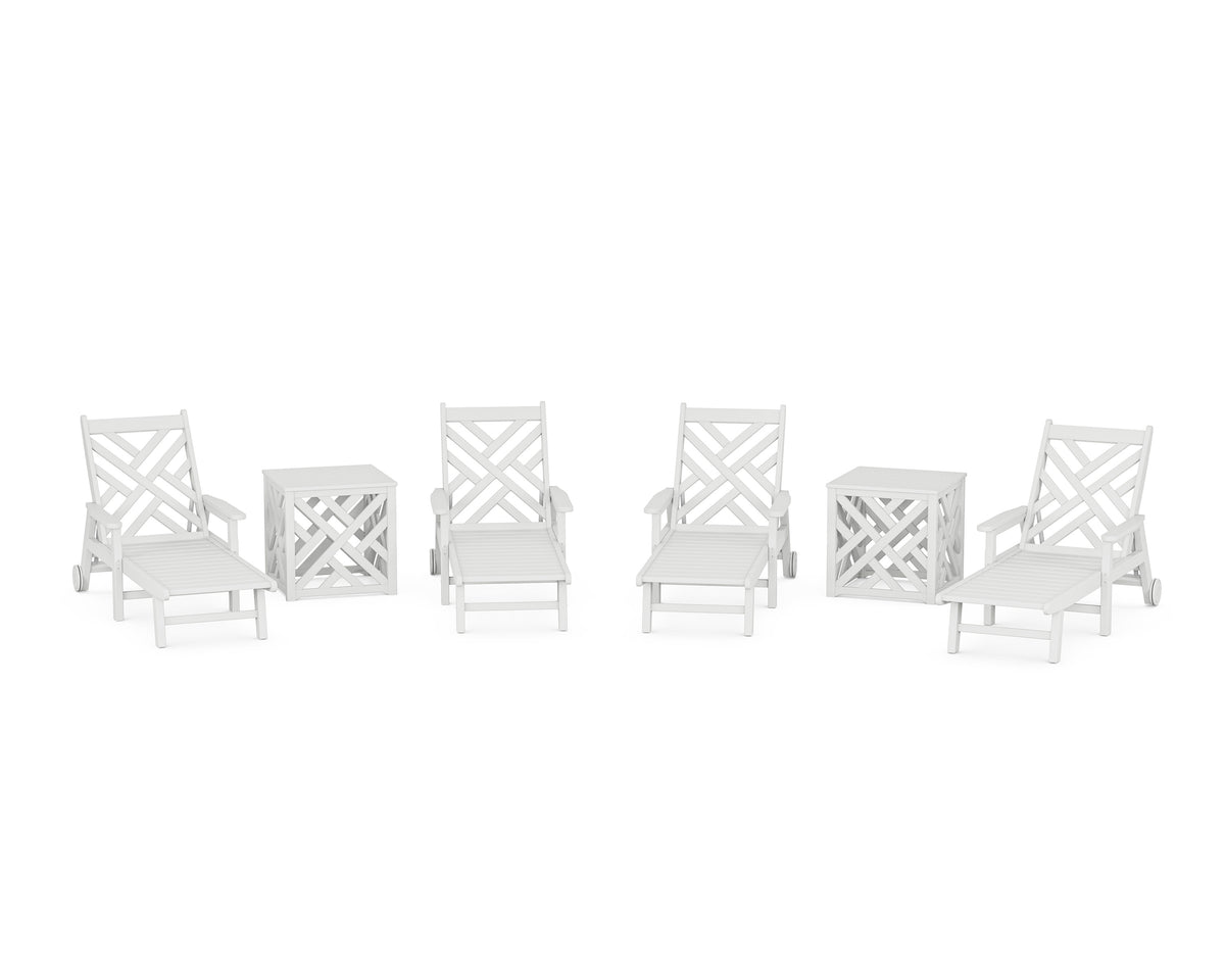 POLYWOOD Chippendale 6-Piece Chaise Set with Umbrella Stand Accent Table in White