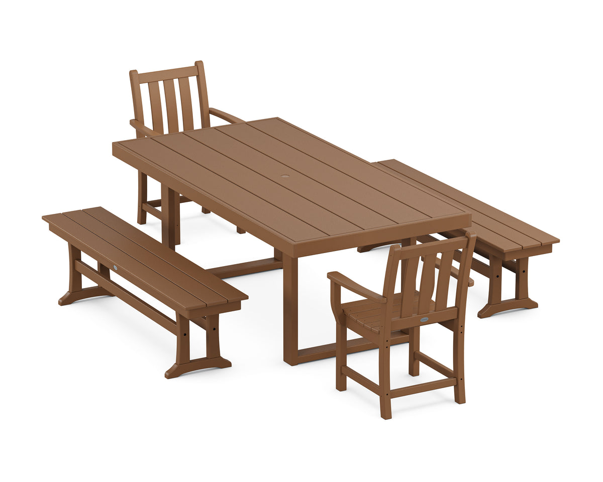 POLYWOOD Traditional Garden 5-Piece Dining Set with Benches - 39" x 78" Table in Teak