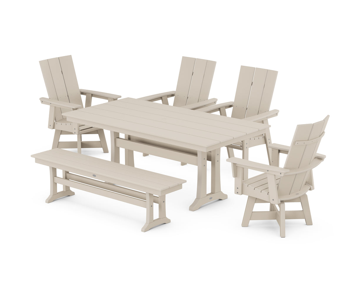 POLYWOOD Modern Curveback Adirondack Swivel Chair 6-Piece Farmhouse Dining Set with Trestle Legs and Bench in Sand