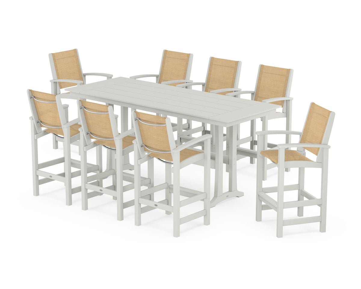 POLYWOOD Coastal 9-Piece Farmhouse Bar Set with Trestle Legs in Vintage White / Dupioni Apricot