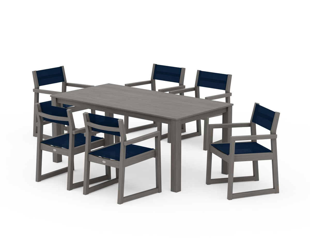 POLYWOOD EDGE Sling Arm Chair 7-Piece Parsons Dining Set in Driftwood / Navy Blue