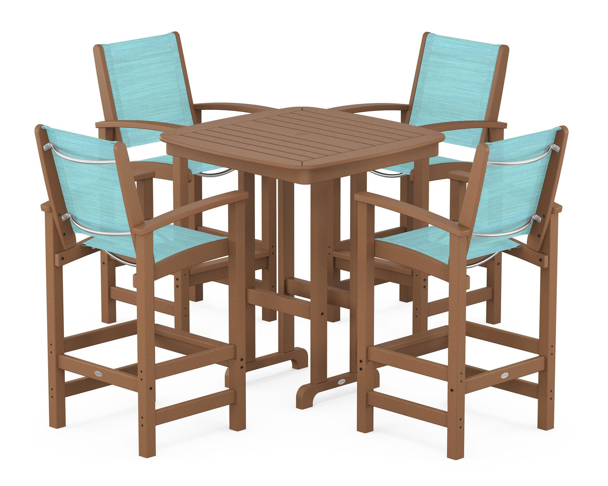 POLYWOOD Coastal 5-Piece Bar Set in Teak / Dupioni Aquamarine