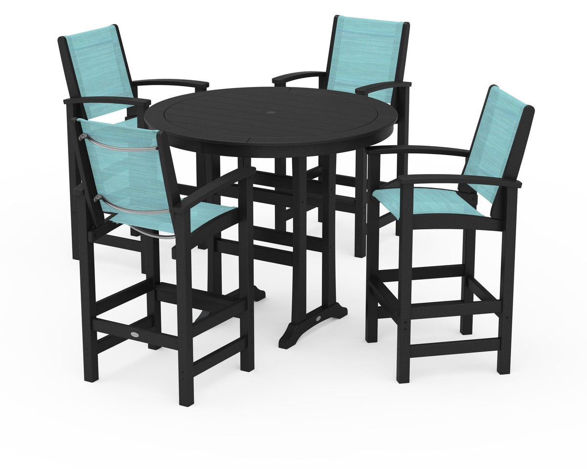 POLYWOOD Coastal 5-Piece Nautical Trestle Bar Set in Black / Dupioni Aquamarine