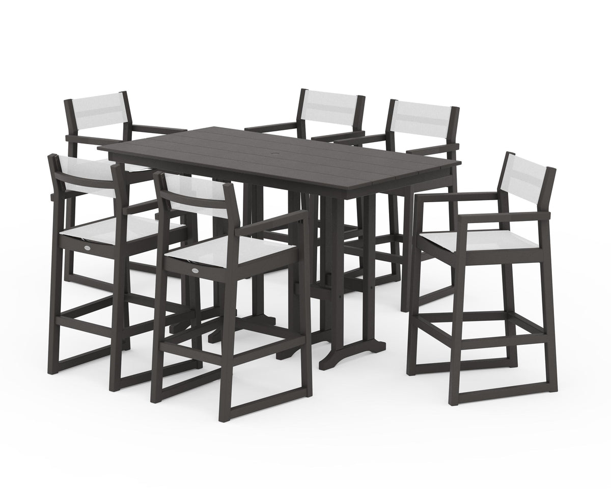 POLYWOOD EDGE Sling Arm Chair 7-Piece Farmhouse Bar Set in Vintage Coffee / White