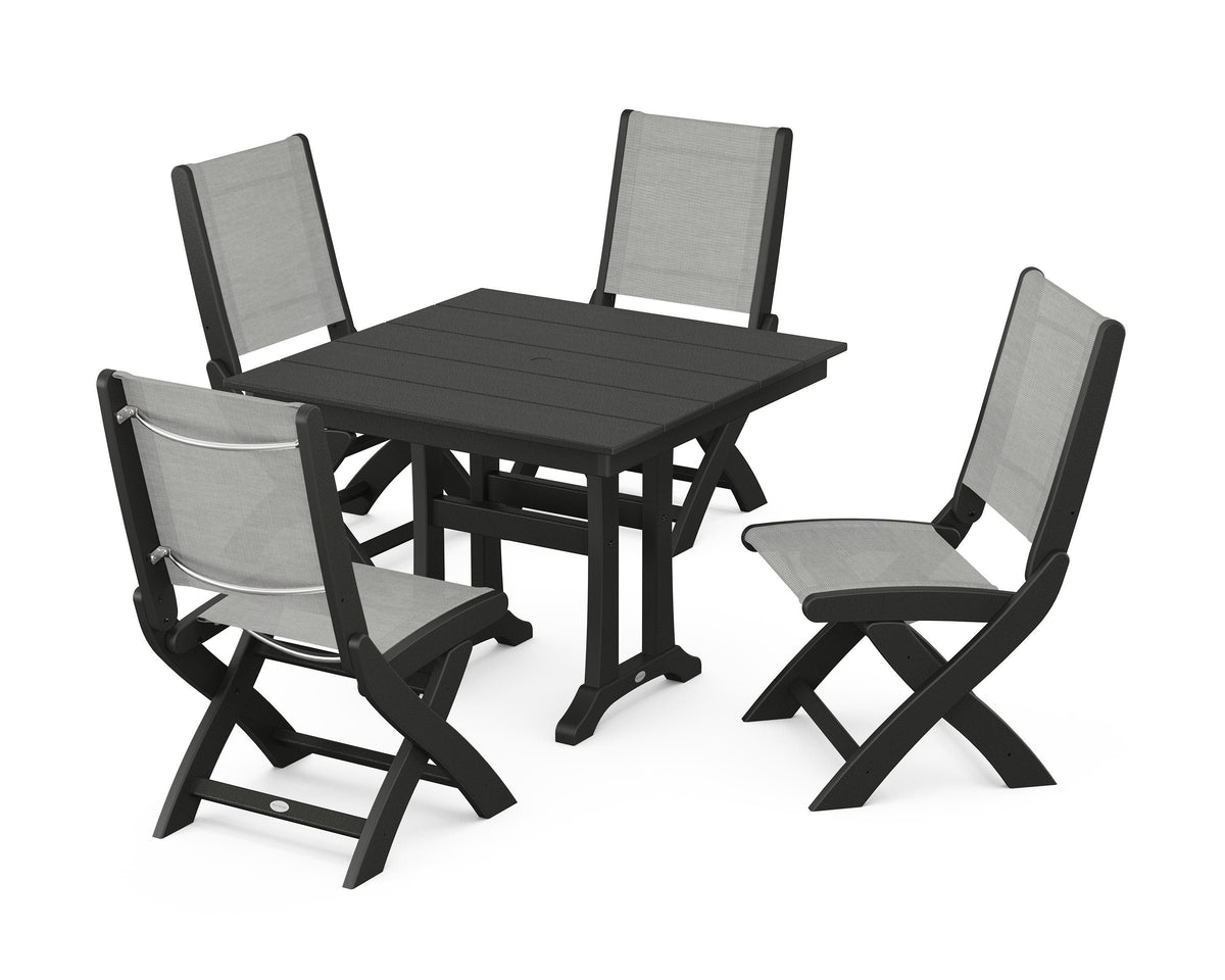 POLYWOOD Coastal Folding Side Chair 5-Piece Farmhouse Dining Set With Trestle Legs in Black / Metallic