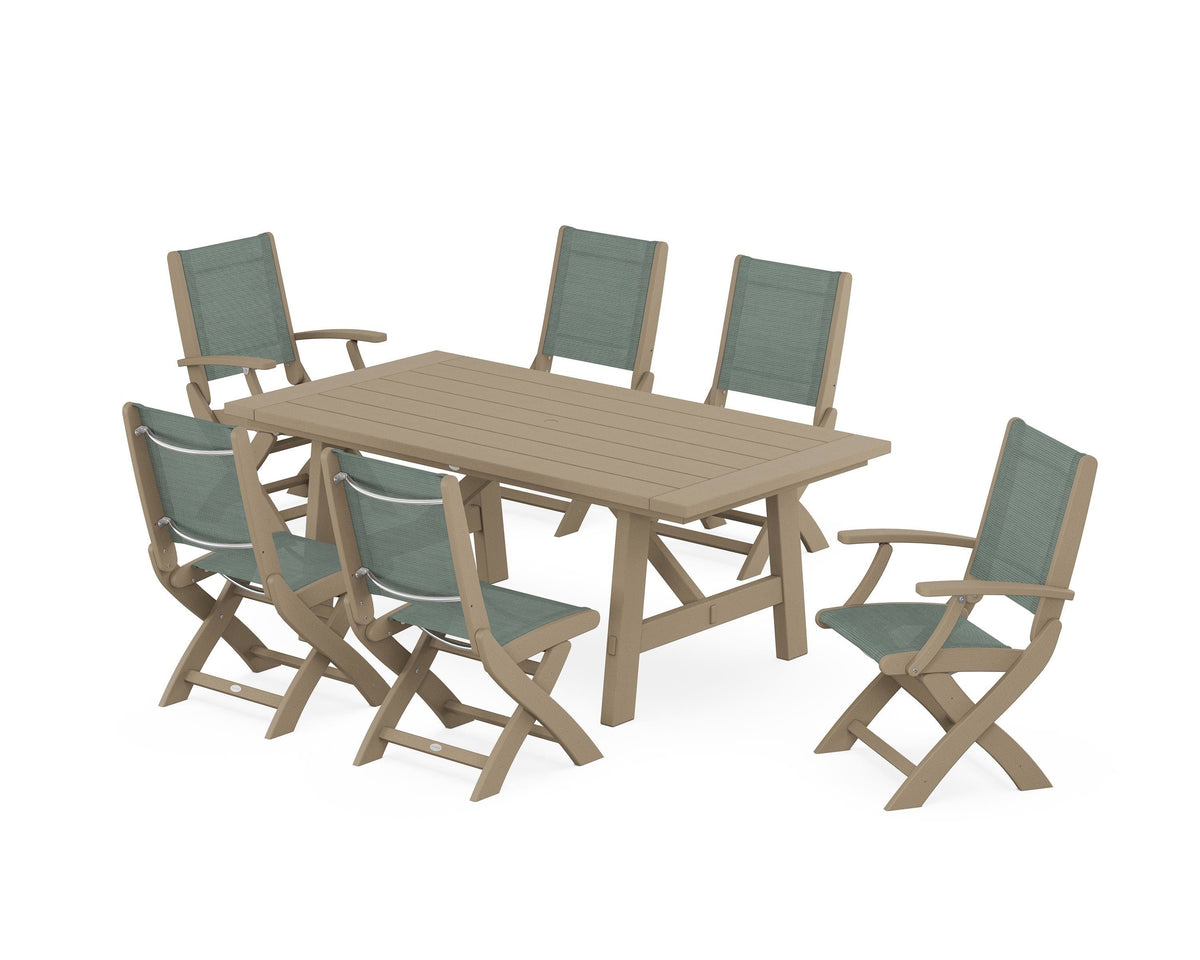 POLYWOOD Coastal Folding Chair 7-Piece Rustic Farmhouse Dining Set in Vintage Sahara / Dupioni Sea Mist