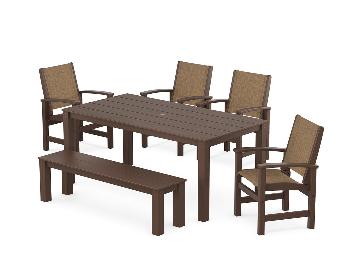 POLYWOOD Coastal 6-Piece Parsons Dining Set with Bench in Mahogany / Burlap