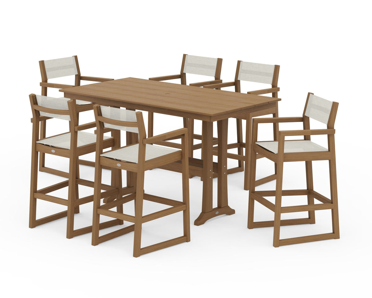POLYWOOD EDGE Sling Arm Chair 7-Piece Farmhouse Bar Set with Trestle Legs in Natural / Parchment