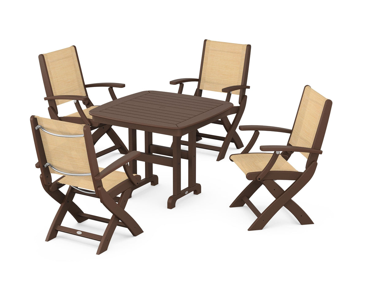 POLYWOOD Coastal Folding Chair 5-Piece Dining Set with Nautical 37" Dining Table in Mahogany / Dupioni Apricot