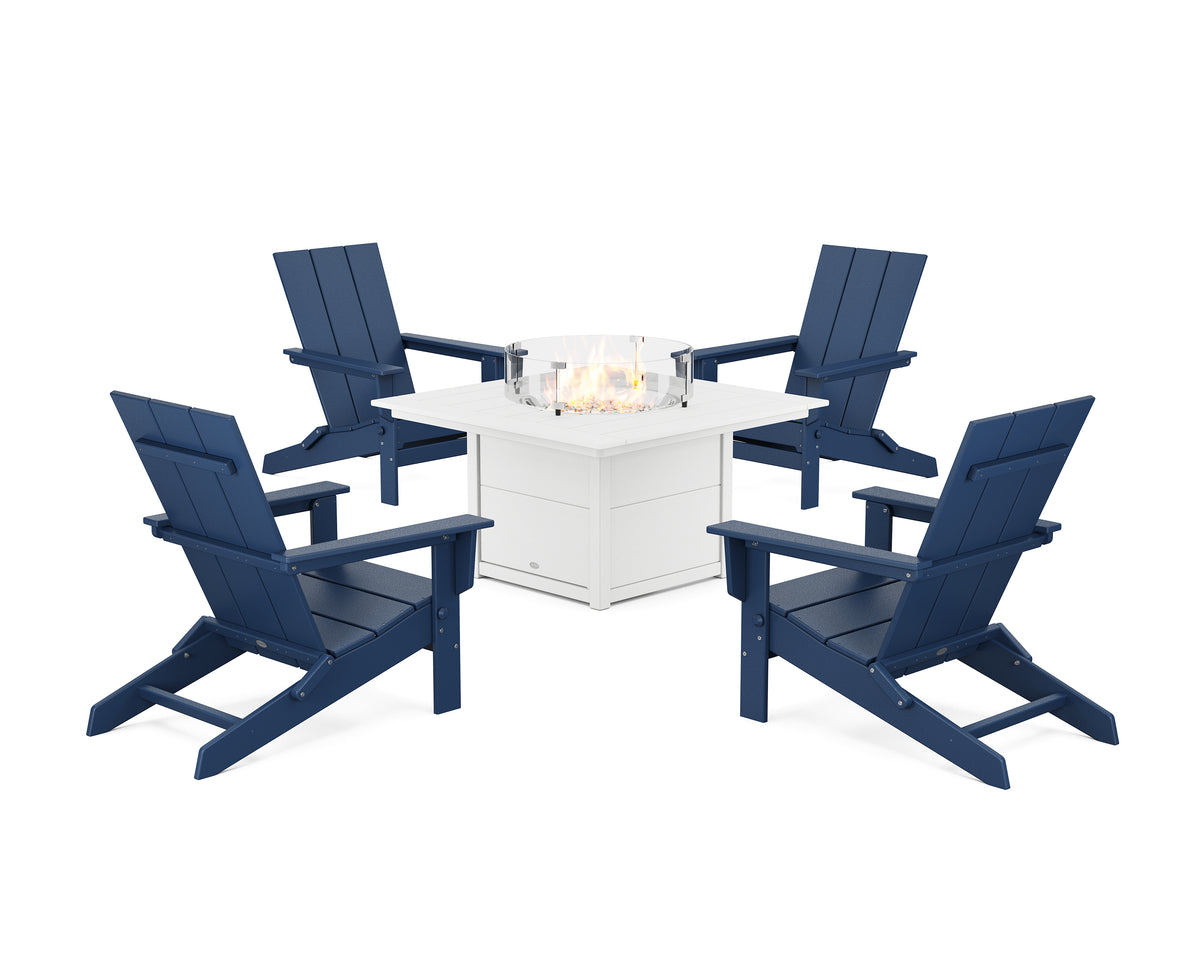POLYWOOD 5-Piece Modern Studio Folding Adirondack Conversation Set with Fire Pit Table in Navy / White